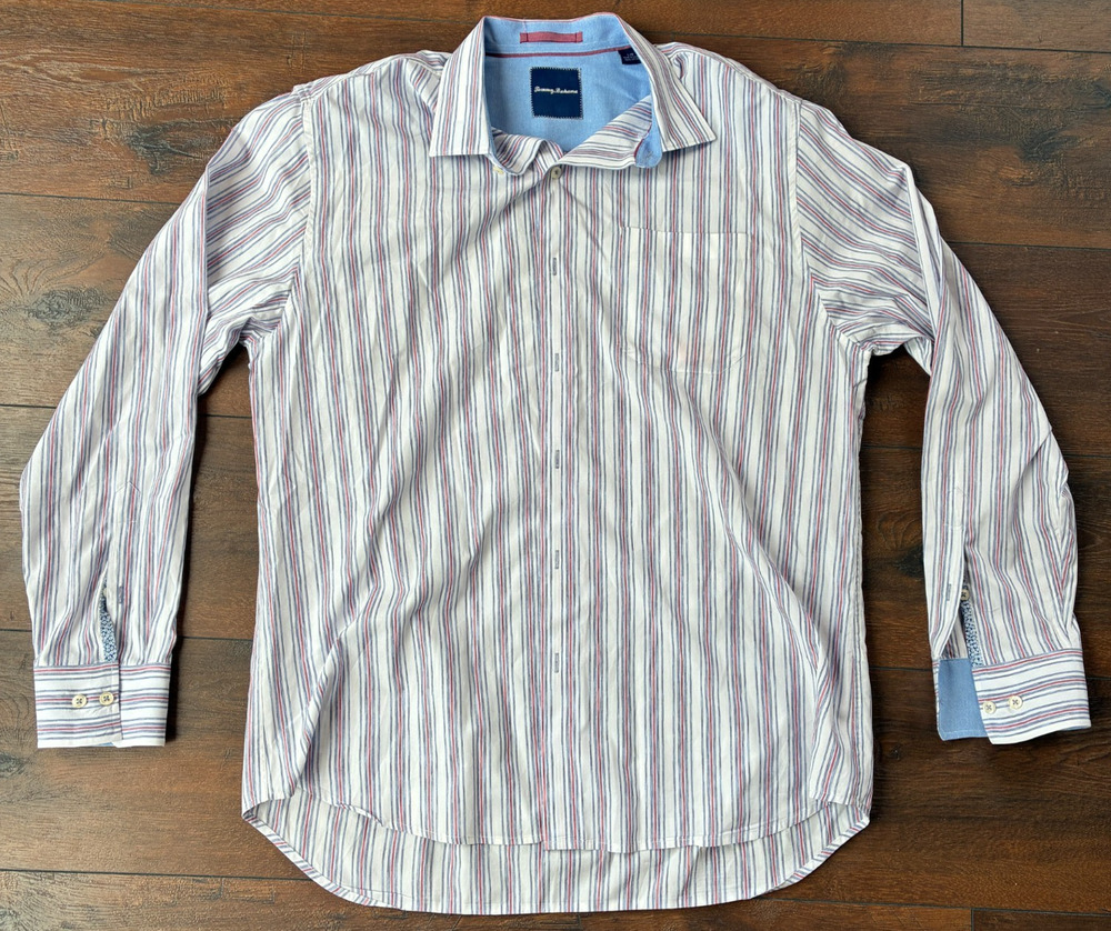 Tommy Bahama 100% Cotton White Striped Long Sleeve Button Shirt, Mens Large